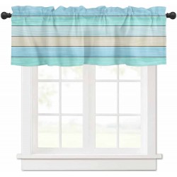 Curtain Valances for Kitchen Windows Blue Cyan Vintage Wooden Plank Privacy Rod Pocket Drape Retro Farmhouse Wood Grain Window Valance Toppers for Living Room Bathroom Cafe Home Decor