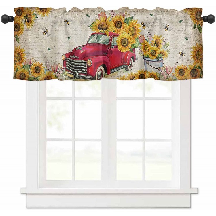Curtain Valances for Kitchen Windows Rustic Yellow Sunflower Red Truck Privacy Rod Pocket Drape Idyllic Floral Bee Vintage Letter Window Valance Toppers for Living Room Bathroom Cafe Home Decor