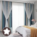 FlySheep Star Cutout Blackout Curtains 2 Panels for Kids Girls Bedroom Double Layer of Fabric & Tulle Star Cut Out Sparkle Gradient Stripe Window Curtains 2 in 1 Blue Beige Stripes 52x63 inches