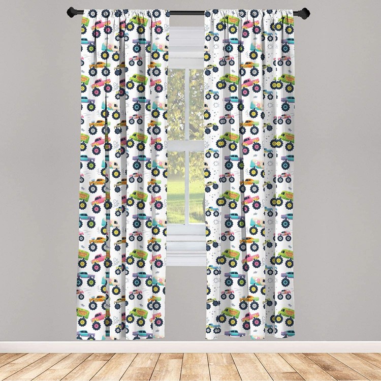 Lunarable Boys Window Curtains Monster Toy Cars Trucks with Big Wheels Automative Funny Cartoon Lightweight Decorative Panels Set of 2 with Rod Pocket 56 x 63 Multicolor