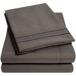 4 Piece Grey Sheets California King Size Dark Gray Shade Triple Stitch Modern Style Detailed Embroidered Solid Color Stylish Striped Pattern | All Season Plain weave Extra Deep Pocket Smooth Cozy