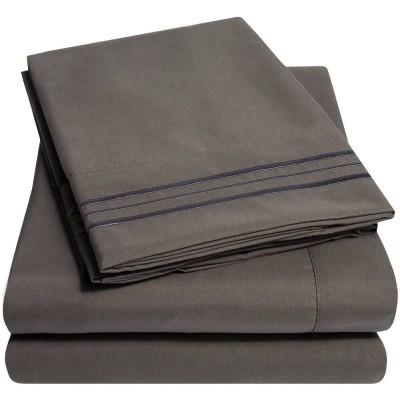 4 Piece Grey Sheets California King Size Dark Gray Shade Triple Stitch Modern Style Detailed Embroidered Solid Color Stylish Striped Pattern | All Season Plain weave Extra Deep Pocket Smooth Cozy