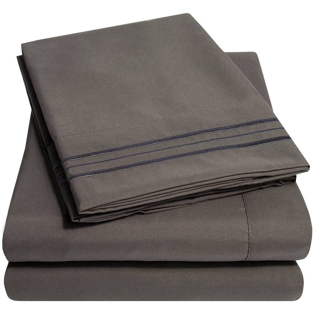 4 Piece Grey Sheets Queen Size Dark Gray Shade Triple Stitch Modern Style Detailed Embroidered Solid Color Stylish Striped Pattern | All Season Plain weave Extra Deep Pocket Smooth Cozy Gorgeous
