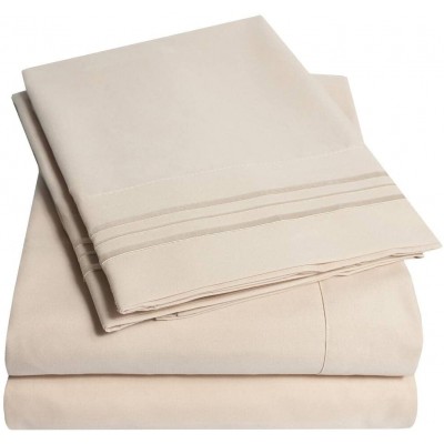 4 Piece Soft Sheets California King Size Beige Brown Shade Triple Stitch Modern Style Detailed Embroidered Solid Color Stylish Striped Pattern | All Season Plain weave Cozy Extra Deep Pocket Smooth