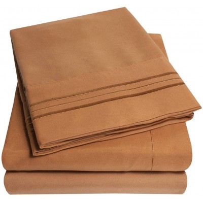 4 Piece Soft Sheets Full Size Mocha Shade Triple Stitch Modern Style Detailed Embroidered Solid Color Stylish Striped Pattern | All Season Plain weave Extra Deep Pocket Cozy Smooth Gorgeous Brown