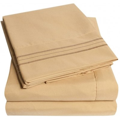 4 Piece Soft Sheets Twin Size Camel Brown Shade Triple Stitch Modern Style Detailed Embroidered Solid Color Stylish Striped Pattern | All Season Plain weave Cozy Extra Deep Pocket Smooth Gorgeous