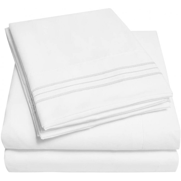 4 Piece White Sheets California King Size Cream Shade Triple Stitch Modern Style Detailed Embroidered Solid Color Stylish Striped Pattern | All Season Plain weave Extra Deep Pocket Cozy Smooth Glam