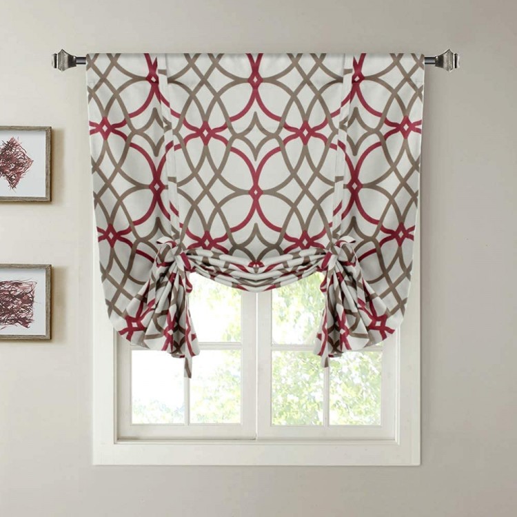 H.VERSAILTEX Tie Up Curtains 63 Inch Length Blackout Curtain Thermal Insulated Adjustable Tie Up Shade Balloon Window Shade Rod Pocket Curtain 42 x 63 Taupe and Red Geo Pattern