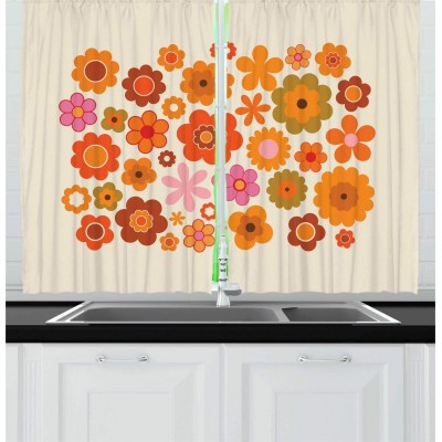 Ambesonne 1970s Kitchen Curtains Vintage Style Blossoming Flowers on Beige Background Hand Drawn Graphic Window Drapes 2 Panel Set for Kitchen Cafe Decor 55" X 39" Beige Orange