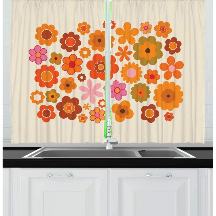 Ambesonne 1970s Kitchen Curtains Vintage Style Blossoming Flowers on Beige Background Hand Drawn Graphic Window Drapes 2 Panel Set for Kitchen Cafe Decor 55 X 39 Beige Orange