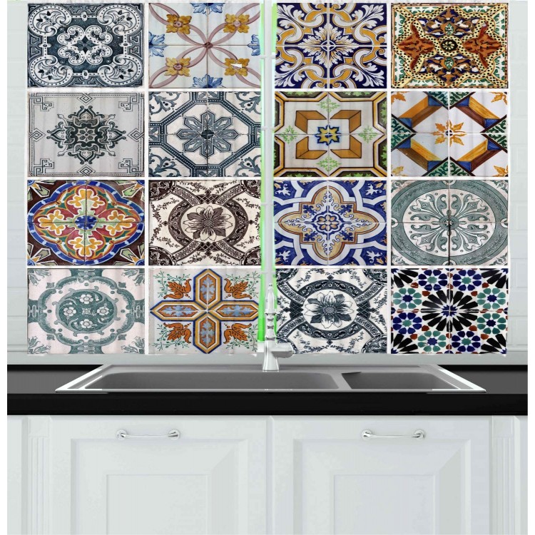Ambesonne Antique Kitchen Curtains Antique Classical Tiles Pattern Folkloric Art Patchwork Inspired Style Image Window Drapes 2 Panel Set for Kitchen Cafe Decor 55 X 39 White Green