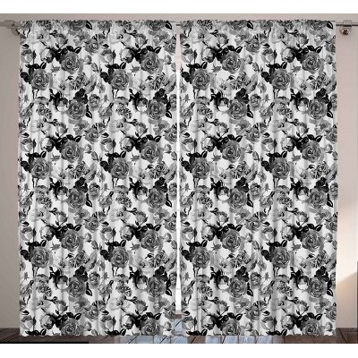Ambesonne Black and White Curtains Modern Home Decor Classic Art Big Flowers Roses Art Print Theme Bedroom Living Room Curtain 2 Panels Set 108" X 84" Black and White