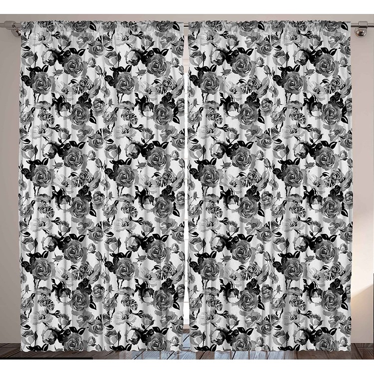 Ambesonne Black and White Curtains Modern Home Decor Classic Art Big Flowers Roses Art Print Theme Bedroom Living Room Curtain 2 Panels Set 108 X 84 Black and White