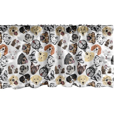 Ambesonne Dog Lover Window Valance Illustrations of Types of Animal Pet Faces Patterns Creative Tongue Out Big Ears Curtain Valance for Kitchen Bedroom Decor with Rod Pocket 54" X 18" Grey Yellow