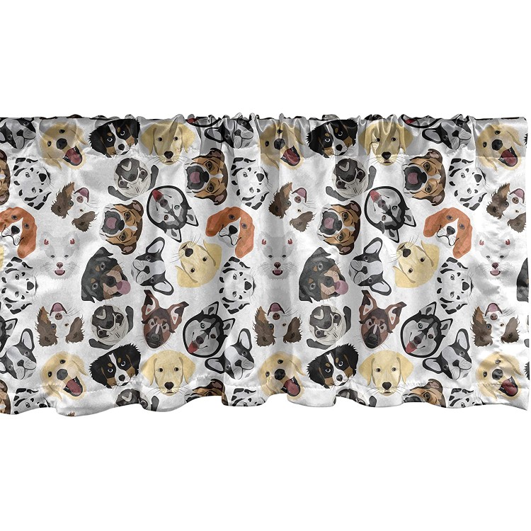 Ambesonne Dog Lover Window Valance Illustrations of Types of Animal Pet Faces Patterns Creative Tongue Out Big Ears Curtain Valance for Kitchen Bedroom Decor with Rod Pocket 54 X 18 Grey Yellow