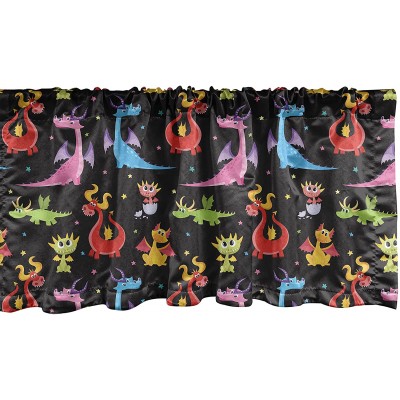 Ambesonne Dragon Window Valance Different Kinds of Colorful Comic Dragons on a Black Background with Little Stars Curtain Valance for Kitchen Bedroom Decor with Rod Pocket 54" X 18" Multicolor