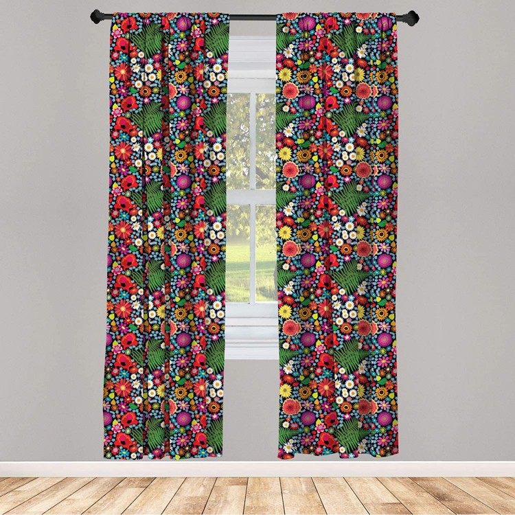 Ambesonne Floral 2 Panel Curtain Set Colorful Spring Wildflowers Demonstration with Asters Chamomiles and Fern Leaves Lightweight Window Treatment Living Room Bedroom Decor 56 x 63 Green Magenta