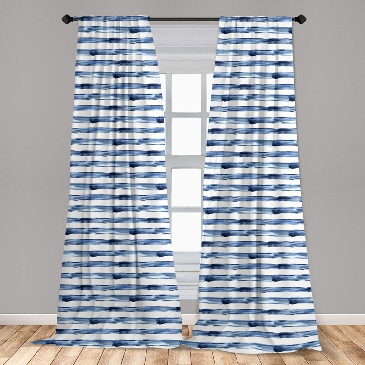 Ambesonne Harbour Stripe Curtains Watercolor Style Paintbrush Stripes Sea Marine Life Lines Image Window Treatments 2 Panel Set for Living Room Bedroom Decor 56 x 84 Night Blue