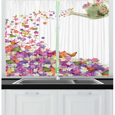 Ambesonne Kitchen Curtains Flowers in The Pot and Flower Water Pail 55 W X 39 L Inch Window Kitchen Dining Room 2 Panels Curtains Pink Floral Vintage French Country Decorations Design Home Decor