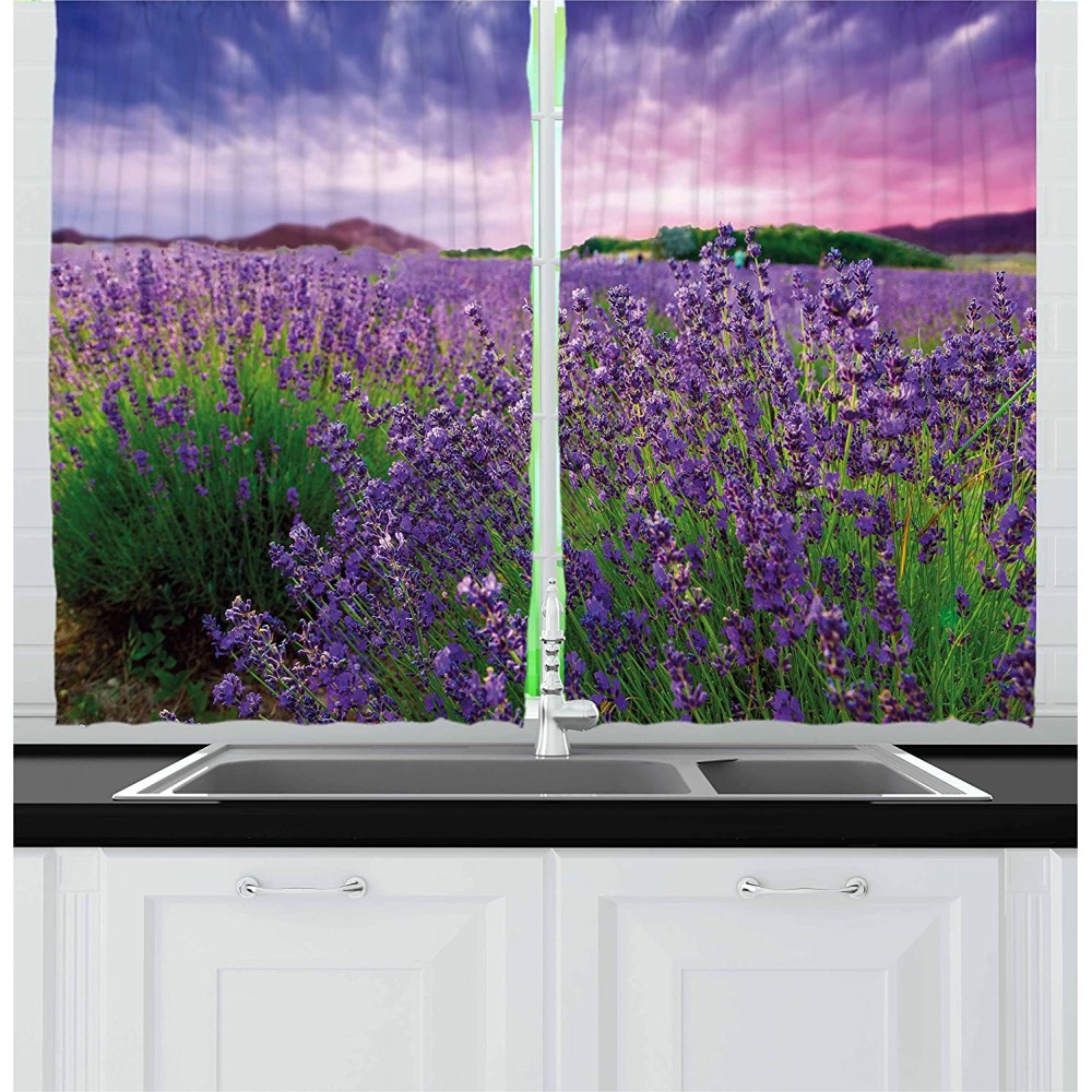 Ambesonne Lavender Kitchen Curtains Serene Field View in Tihany Hungary Dramatic Dreamy Sunset Sky Nature Window Drapes 2 Panel Set for Kitchen Cafe Decor 55 X 39 Violet Green Pale Pink