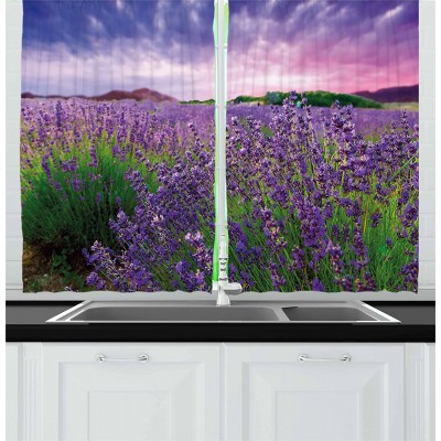 Ambesonne Lavender Kitchen Curtains Serene Field View in Tihany Hungary Dramatic Dreamy Sunset Sky Nature Window Drapes 2 Panel Set for Kitchen Cafe Decor 55" X 39" Violet Green Pale Pink