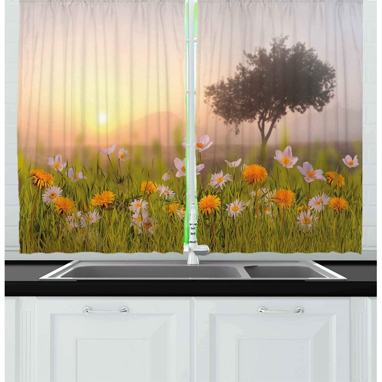 Ambesonne Nature Kitchen Curtains Daisy Flowers Meadow with Tree Background in Mist Ecp Garden Botany Fresh Scenery Window Drapes 2 Panel Set for Kitchen Cafe Decor 55 X 39 Grass Green