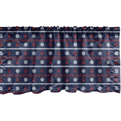 Ambesonne Navy Blue Window Valance Horizontal Borders with Nautical Elements Marine Anchor and Helm Curtain Valance for Kitchen Bedroom Decor with Rod Pocket 54" X 18" Red White Dark Blue