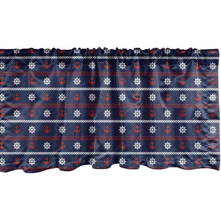 Ambesonne Navy Blue Window Valance Horizontal Borders with Nautical Elements Marine Anchor and Helm Curtain Valance for Kitchen Bedroom Decor with Rod Pocket 54 X 18 Red White Dark Blue