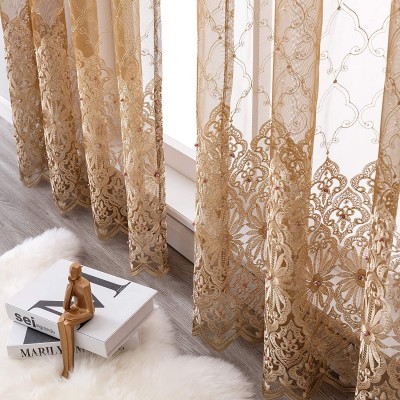 Aside Bside Bead8510 Sheer Curtains for Bedroom Rod Pocket Embroidered Floral Window Curtains 84 inch Length Botanical Geometric Drapes Living Room,1 Panel,Gold Brown