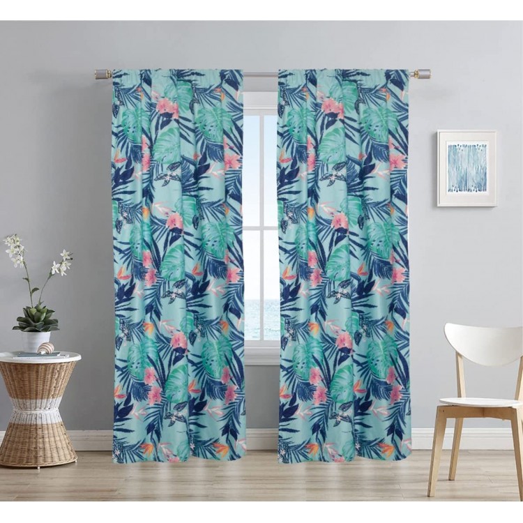 Aubrie Home Accents Whit Sunday 84-in. Window Curtains 2-Panel Pair Set with Rod Pocket Header Tropical Monstera Leaf Teal Green Pink