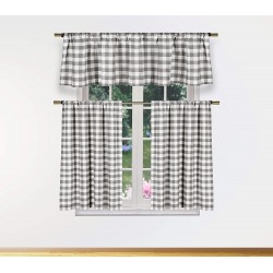 Bathroom and More with Crochet Accent Platinum 3 Piece Plaid Checkered Gingham Kitchen Curtain Set: 35% Cotton 1 Valance 2 Tier Panels 58Wx15L 29Wx36L
