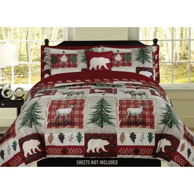 Bear Lodge Deer Elk Rustic Cabin King Comforter 4 Piece Bedding Set Embroidered Pillow