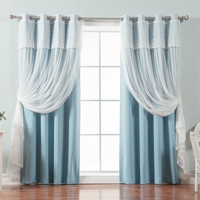 Best Home Fashion uMIXm Tulle Sheer with Attached Valance & Solid Blackout 4 Piece Curtain Set – Stainless Steel Nickel Grommet Top – Ocean – 52" W x 84" L – 2 Curtains and 2 Sheer Curtains