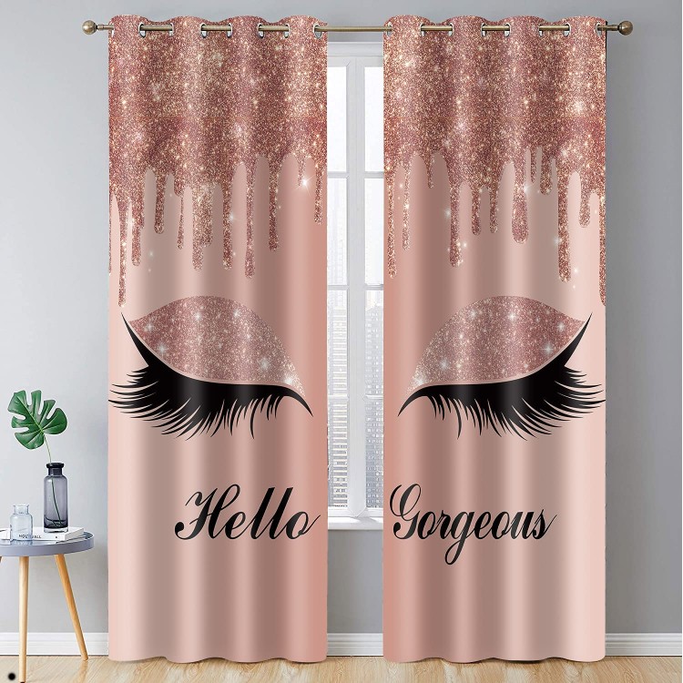 BSPPTI Hello Gorgeous Unicorn Eyelash Print Curtain Rose Gold Drips No Glitter No Sequin Room Darkening Thermal Insulated Blackout Window Drapes for Living Bedroom 42x 84 2 Panels CLLSSP22