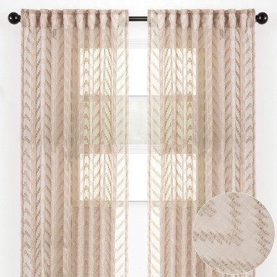 Chanasya 2-Panel Embroidered Design Textured Sheer Curtain Panels for Windows Living Room Bedroom Kitchen Patio Office Semi Translucent Window Drapes for Home Decor 52 x 63 Inches Long Tan