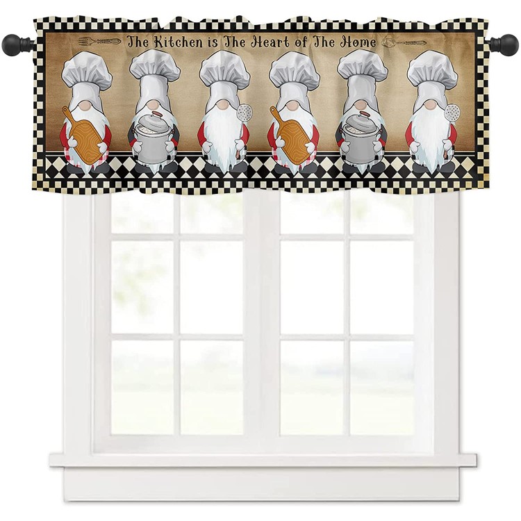 Curtain Valances for Kitchen Windows Chef Gnome Black White Buffalo Check Privacy Rod Pocket Drape Elf Doll Pot Chopping Board Shovel Window Valance Toppers for Living Room Bathroom Cafe Home Decor