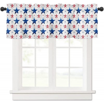 Curtain Valances for Kitchen Windows Independence Day Red Blue Star Privacy Rod Pocket Drape Flag Day Watercolor Pentagram Seamless Window Valance Toppers for Living Room Bathroom Cafe Home Decor