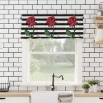 Curtain Valances for Kitchen Windows Red Rose Flower White Black Stripes Privacy Rod Pocket Drape Romantic Floral Green Leaves Window Valance Toppers for Living Room Bathroom Cafe Home Decor