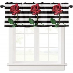 Curtain Valances for Kitchen Windows Red Rose Flower White Black Stripes Privacy Rod Pocket Drape Romantic Floral Green Leaves Window Valance Toppers for Living Room Bathroom Cafe Home Decor