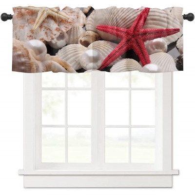 Curtain Valances for Kitchen Windows Summer Ocean Red Starfish Shell Pearl Privacy Rod Pocket Drape Tropical Coastal Beach Conch Window Valance Toppers for Living Room Bathroom Cafe Home Decor