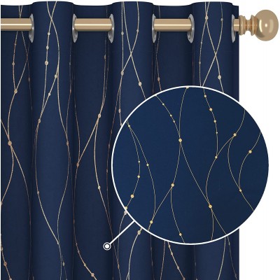 Deconovo Blackout Curtains & Drapes for Bedroom 84 Inch Length Navy Blue and Gold Curtains with Pattern Grommet Room Darkening Drapes for Living Room 52W x 84L Inch Navy Blue 2 Panels