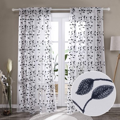 Deconovo Floral Rod Pocket White Sheer Curtains 72 Inches Long Window Sheer Curtain Drapes with Embroidered Leaf Pattern for Kids Bedroom 2 Panels Each 52x72 in Navy Blue