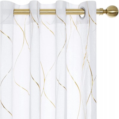 Deconovo Gold Foil Printed Wave Pattern Sheer Curtains Grommet Top Linen Look Voile Draperies for Kids Room 52W x 72L in White 2 Panels