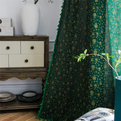 Deeprove Green Sheer Boho Curtain Gold Foil Print with Green Tassels Cotton Linen Bohemian Accent Window Treatment Panel Retro Country Style Drapes for Christmas Decor 59" x 84" 1 Panel