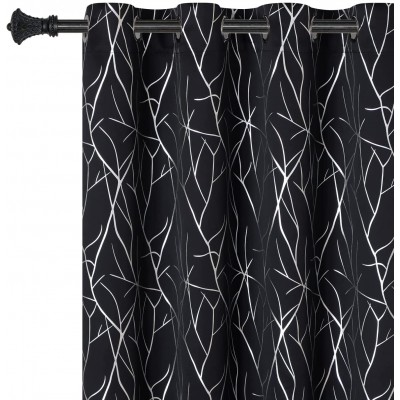 Estelar Textiler Black Blackout Curtains Thermal Insulated Silver Tree Branches Print Light Blocking Curtains for Bedroom 52W x 84L Set of 2 Panels