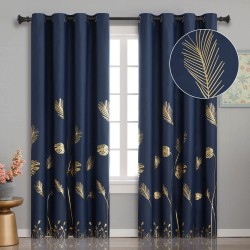 Estelar Textiler Navy Blue and Gold Blackout Curtains with Palm Tree Wheat Pattern Light Blocking Room Darkening Window Curtain Panels for Living Room Bedroom Navy Blue 52Wx72L 2 Panels
