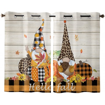Farmhouse Autumn Gnomes Window Curtain Treatment Drapes 2 Panles Set with Grommet Top Fall Floral Pumpkin Harvest Home Decor for Bedroom Living Room Kitchen Office