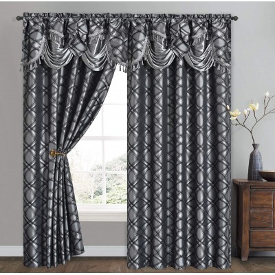GOHD Dance with Wind. Jacquard Window Curtain Panel Drape with Attached Fancy Valance. 2pcs Set. Each pc 54" Wide x 84" Drop with 18" Valance. Black Grey