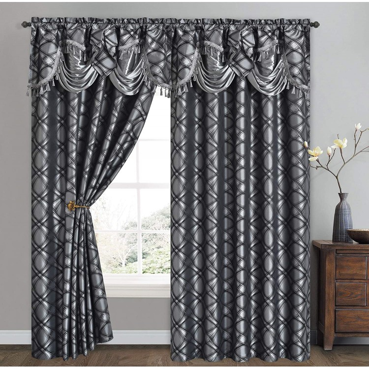 GOHD Dance with Wind. Jacquard Window Curtain Panel Drape with Attached Fancy Valance. 2pcs Set. Each pc 54 Wide x 84 Drop with 18 Valance. Black Grey