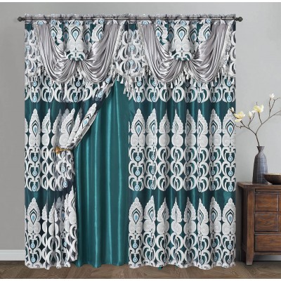 GOHD Peacock Pride. Clipped Voile. Voile Jacquard Window Curtain Panel Drape with Attached Fancy Valance and Taffeta Backing. 2pcs Set. Each pc 54" Wide x 84 inch Drop + 18 inch Valance. Teal Green